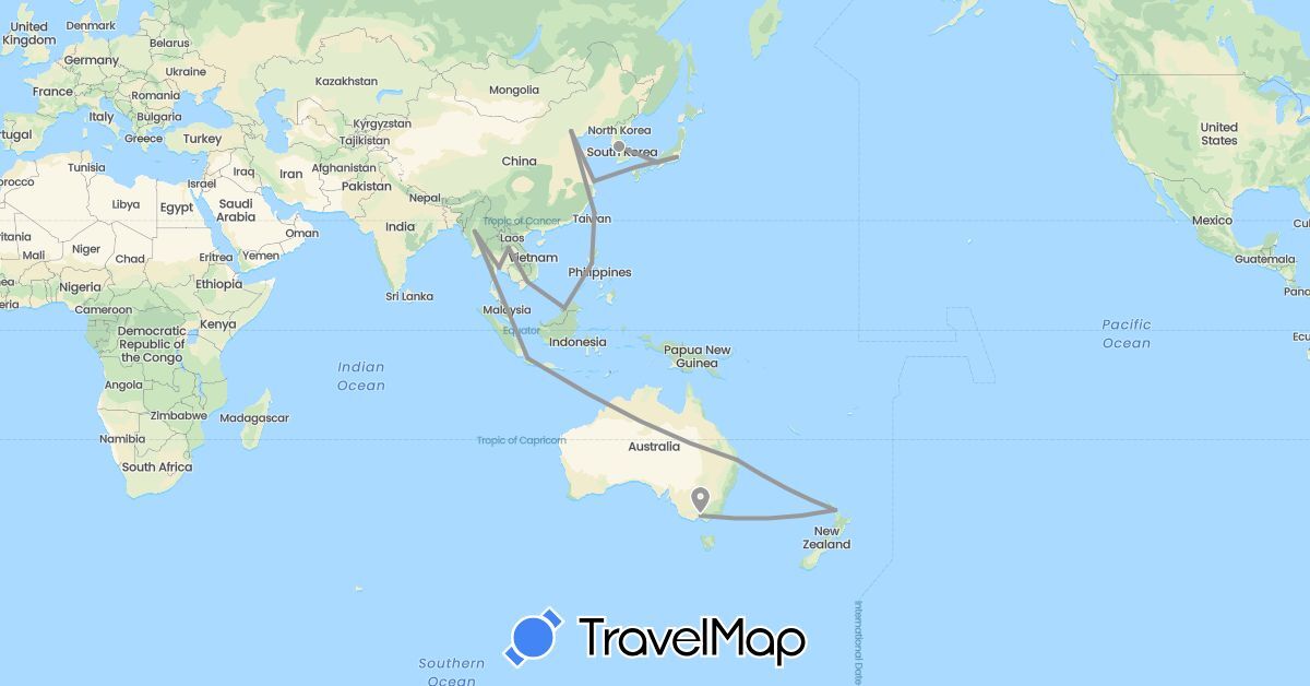 TravelMap itinerary: driving, plane in Australia, Brunei, China, Indonesia, Japan, South Korea, Laos, Myanmar (Burma), New Zealand, Philippines, Thailand, Taiwan, Vietnam (Asia, Oceania)